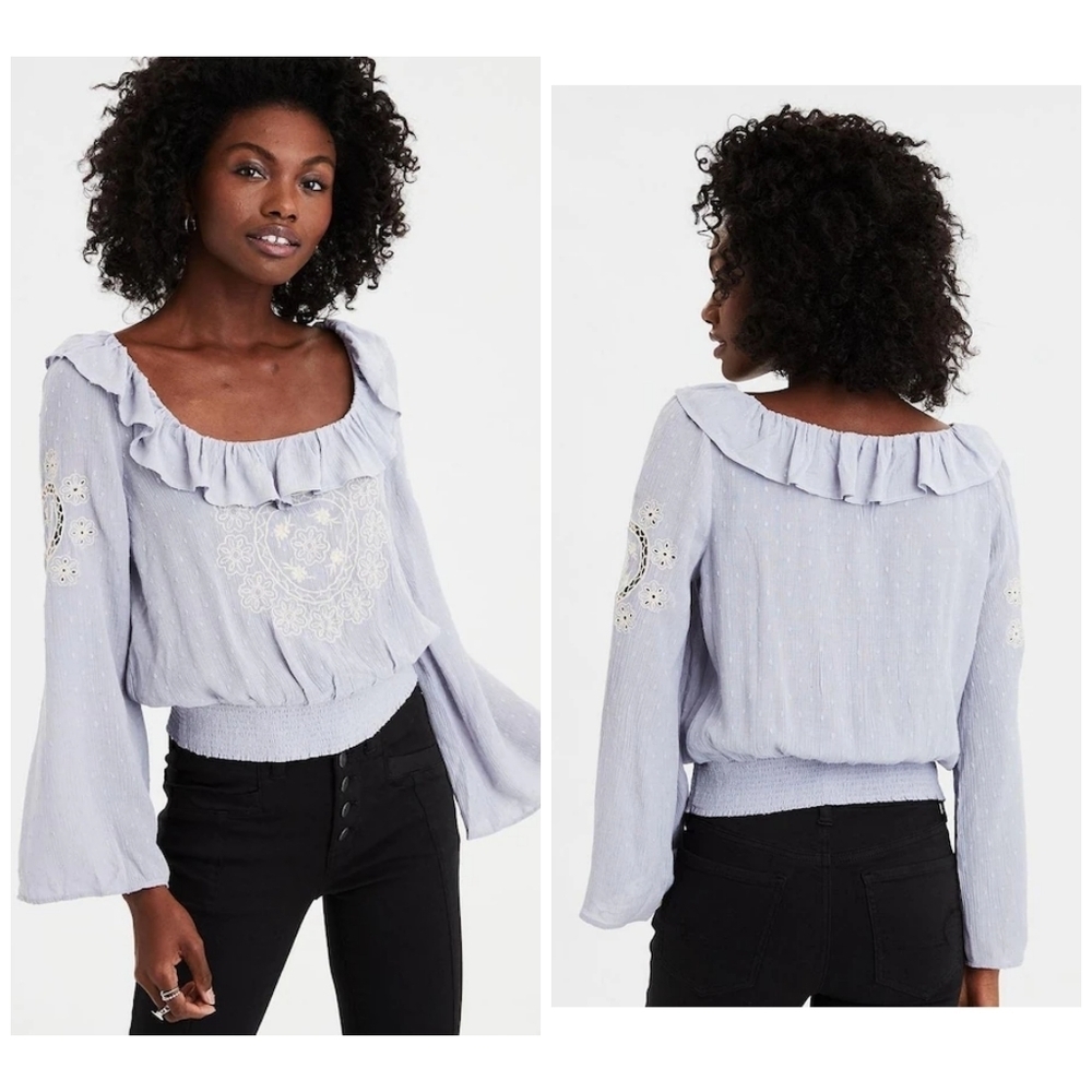 AEO boho embroidered lilac ruffle top size S